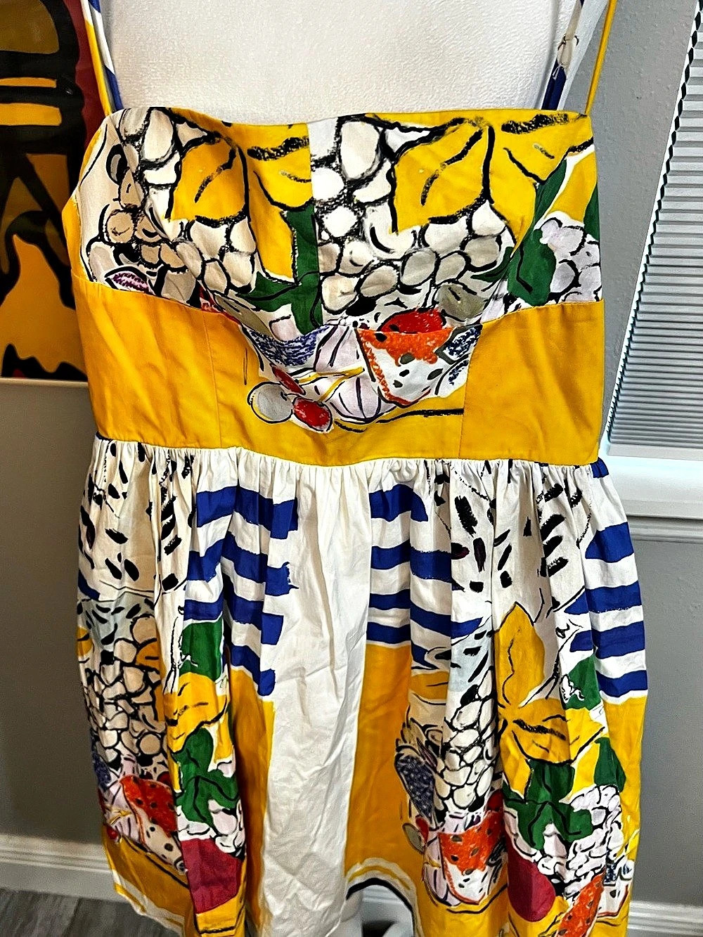 Zara Fruit Print Poplin Dress Floral Mini Yellow & Blue Medium NWT extra small - Picture 9 of 13